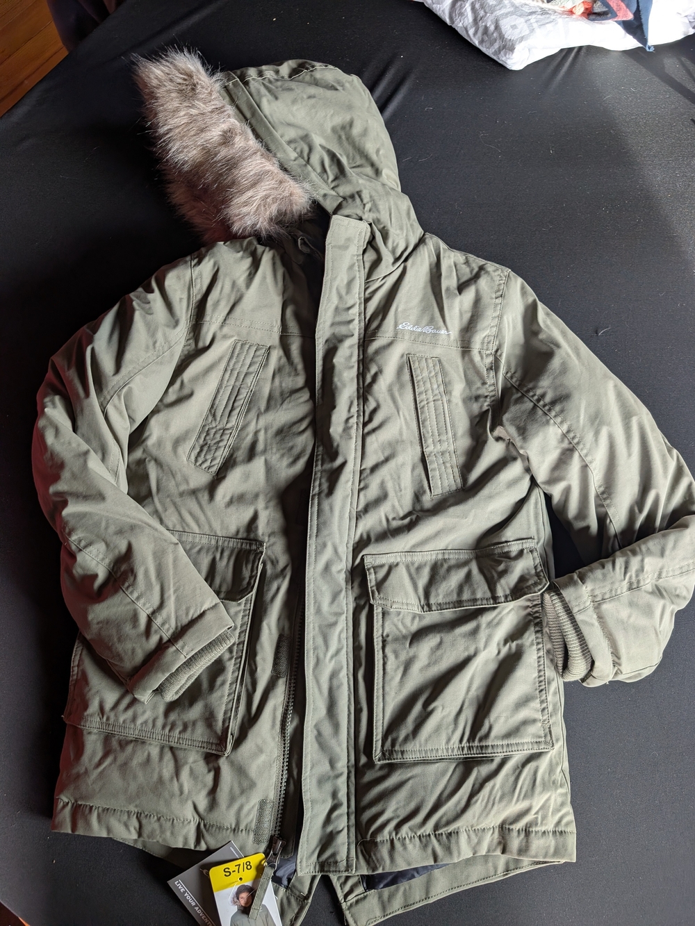 Eddie Bauer Olive Hooded Field Jacket with Faux Fur Trim